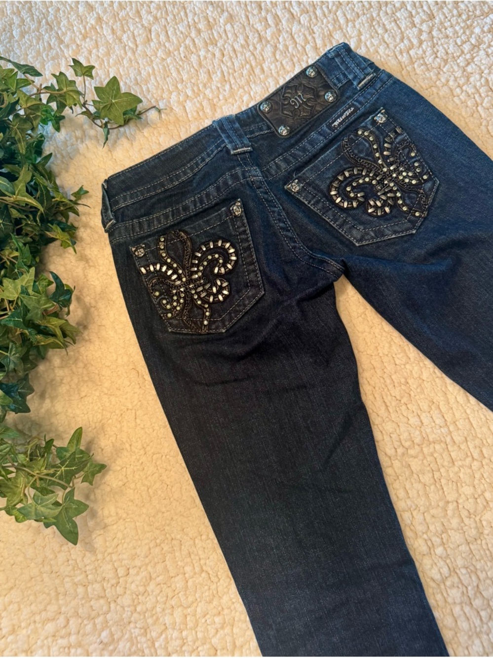 Miss Me Dark Blue Skinny Jeans with Embellished Back Pockets